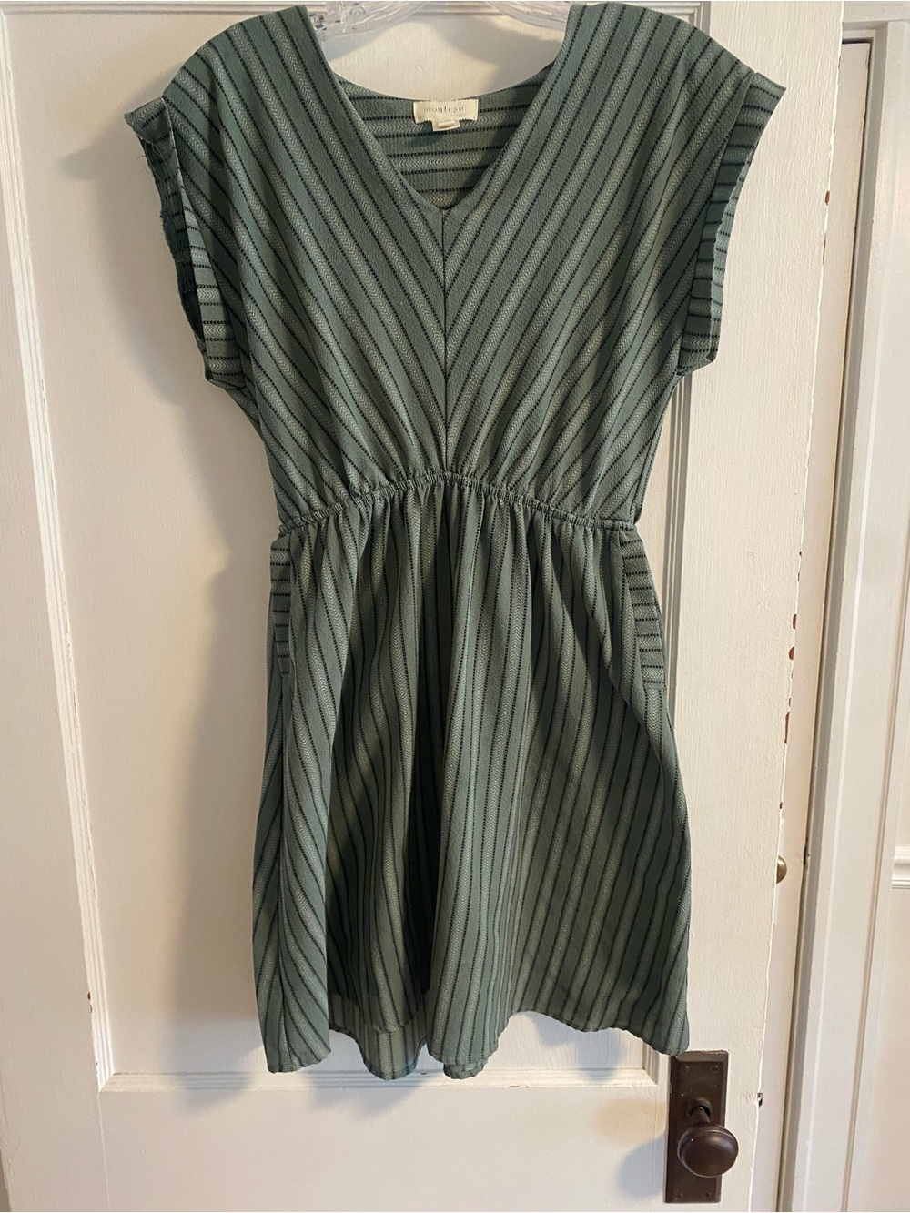 Monteau Olive Green Striped V-Neck Mini Dress